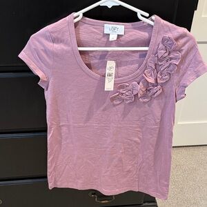LOFT Lavender Pink Short-Sleeve Scoop Neck Tee with Floral Appliqué- petite S